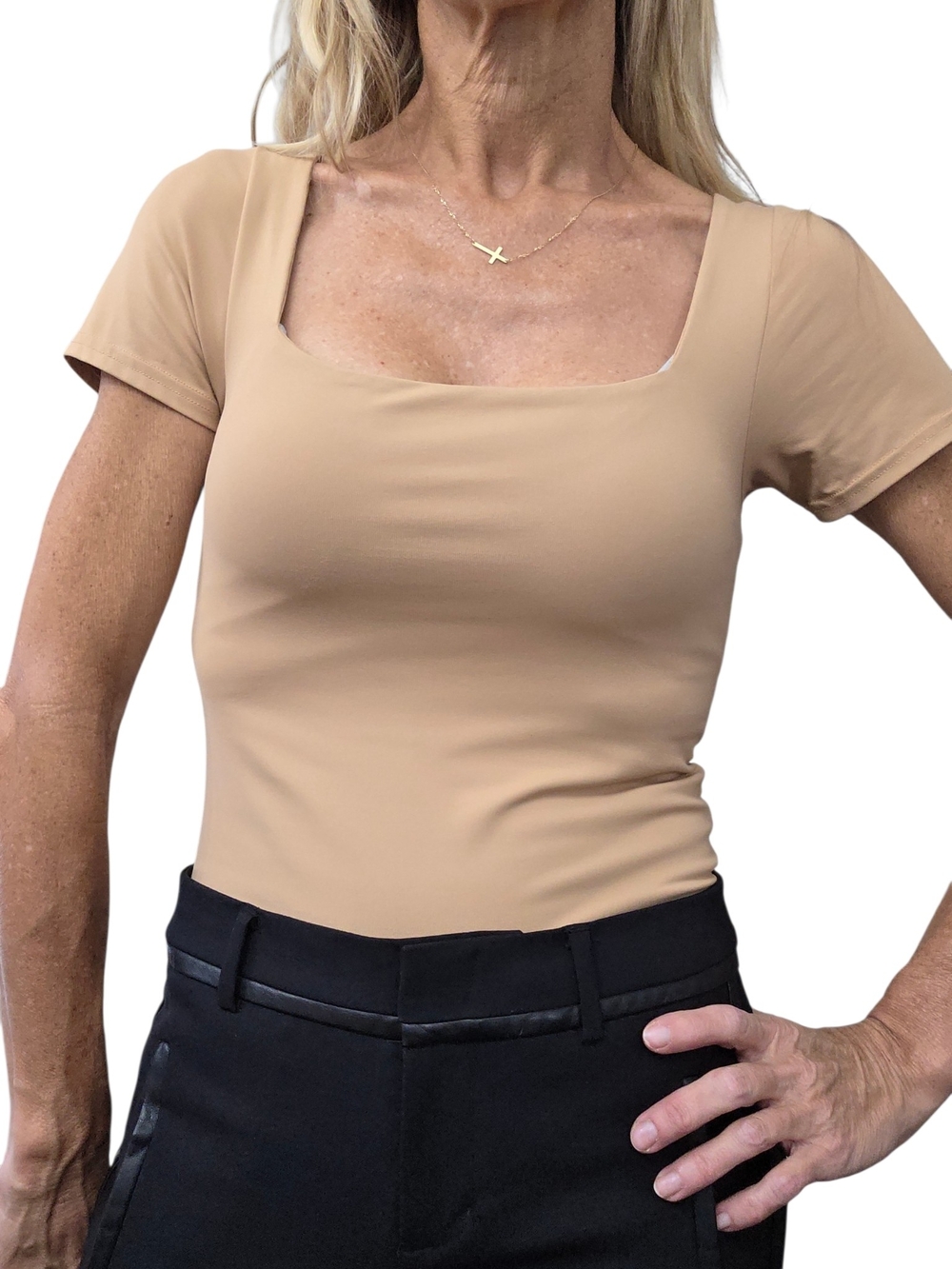 House of Harlow 1960 Nude Square Neck Short Sleeve Bodysuit S